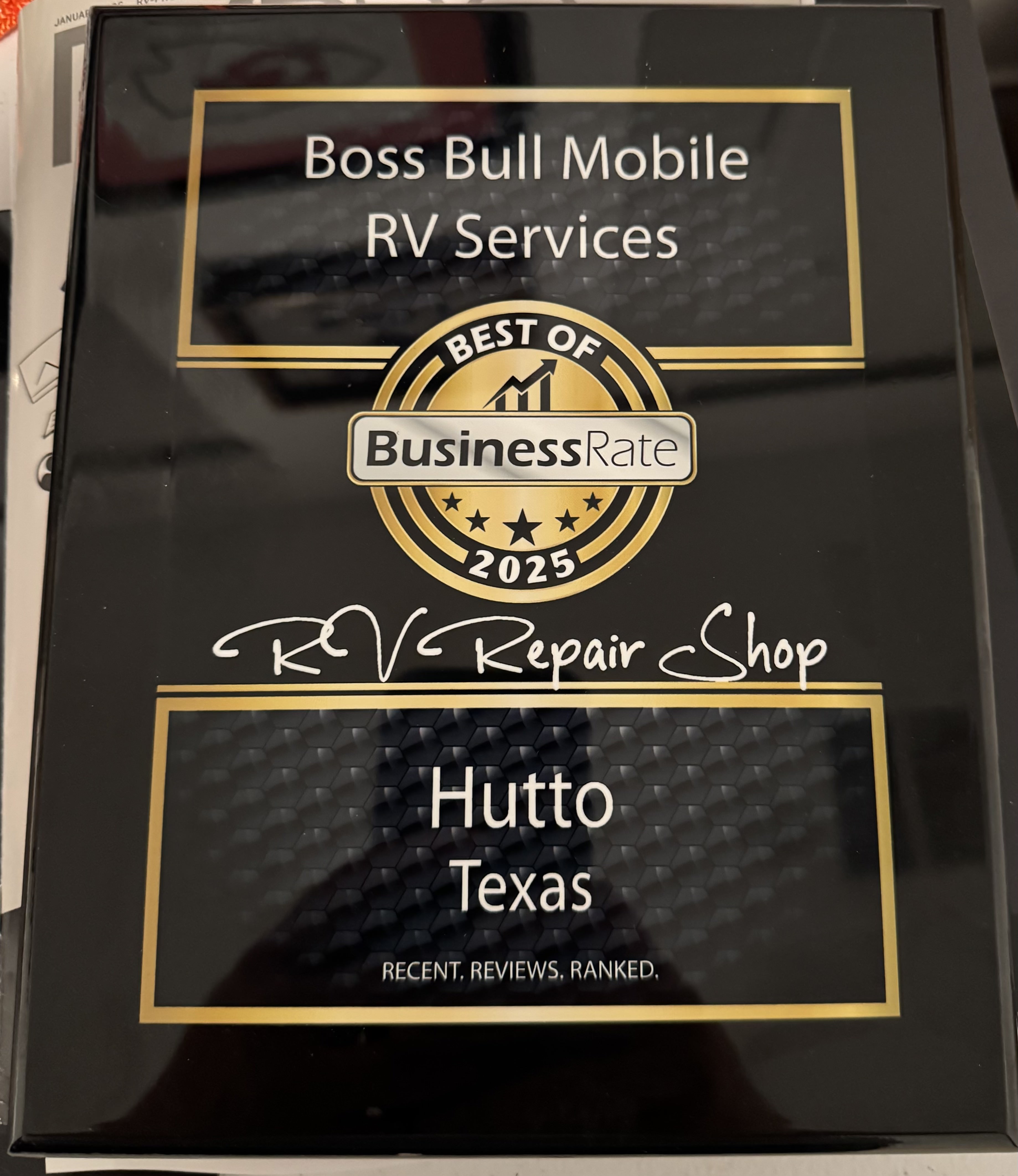Boss Bull Mobile RV Services — Best RV Repair Shop — Hutto, Texas — Best of BusinessRate 2025 award plaque