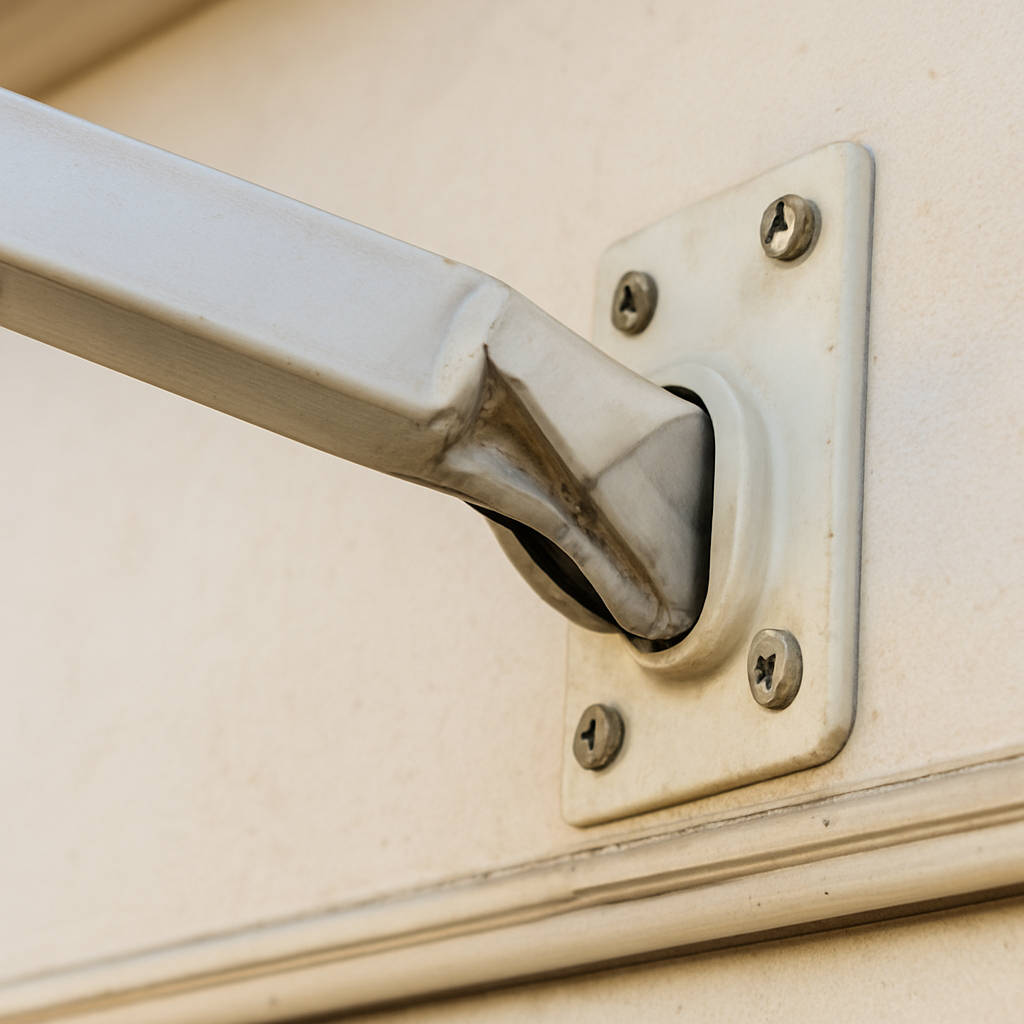Close-up of a bent and buckled RV awning pivot joint and rafter arm — visible metal creasing at the elbow from a wind event, wall bracket mounting hardware visible — Boss Bull Mobile RV Services