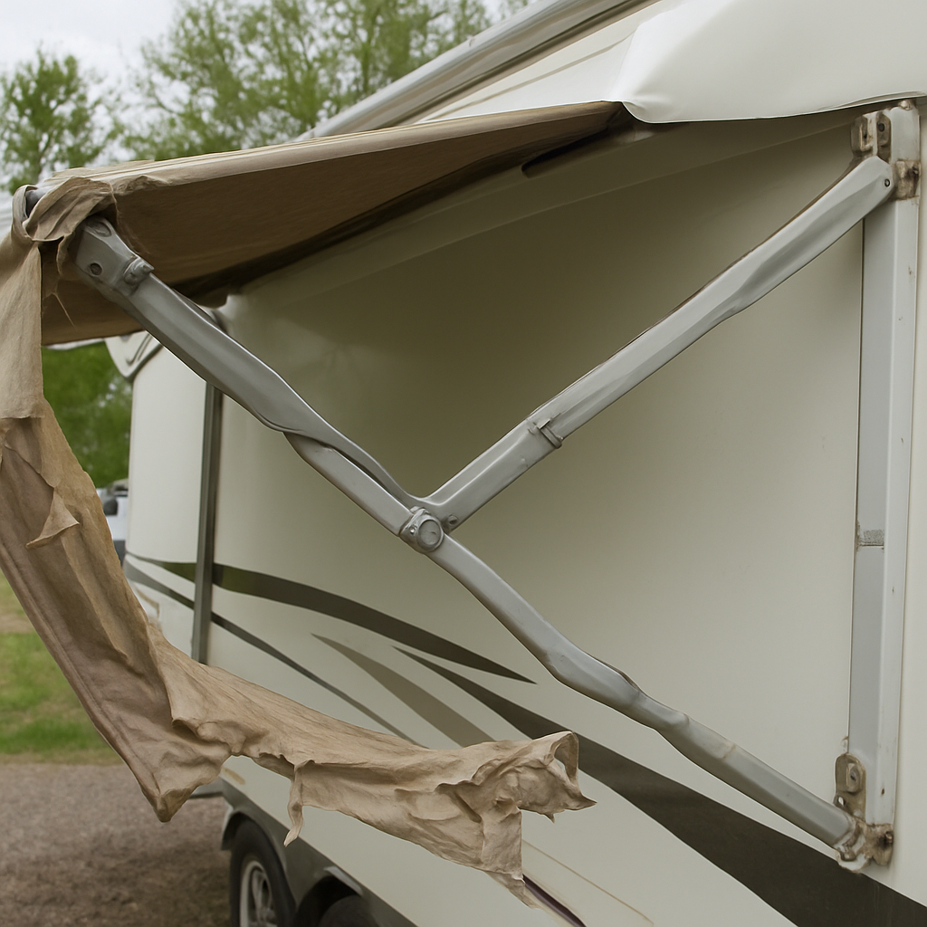 RV patio awning with a wind-bent main arm rafter and torn fabric hanging loose from the roller tube — awning unable to retract after a Texas wind event — Boss Bull Mobile RV Services