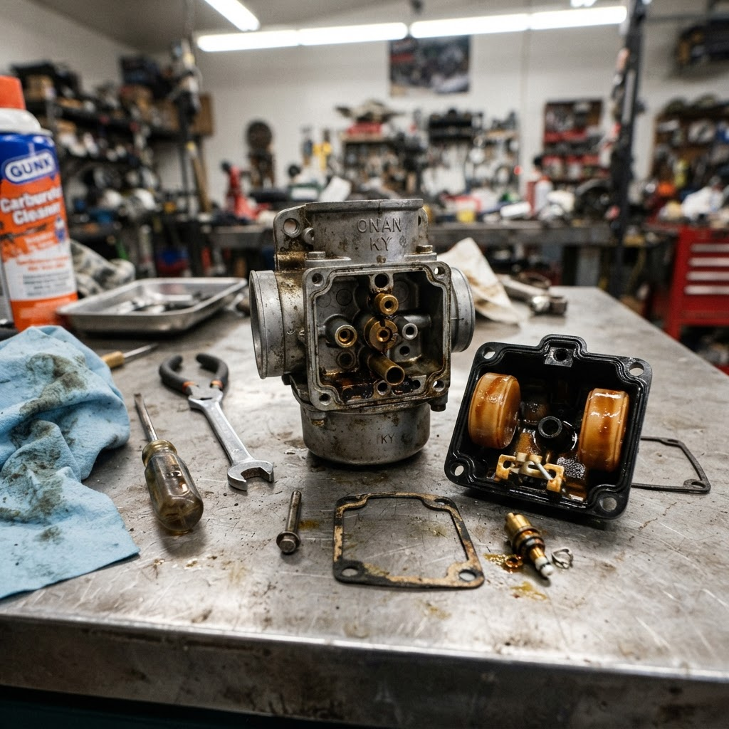Onan QG series carburetor removed and disassembled for cleaning during a mobile RV generator service call — varnished fuel passageways documented before carb kit installation — Boss Bull Mobile RV Services