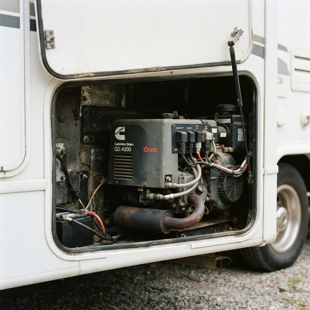 Open RV generator compartment showing a Cummins Onan QG series onboard genset in its installed position — engine, exhaust, and wiring visible — Boss Bull Mobile RV Services