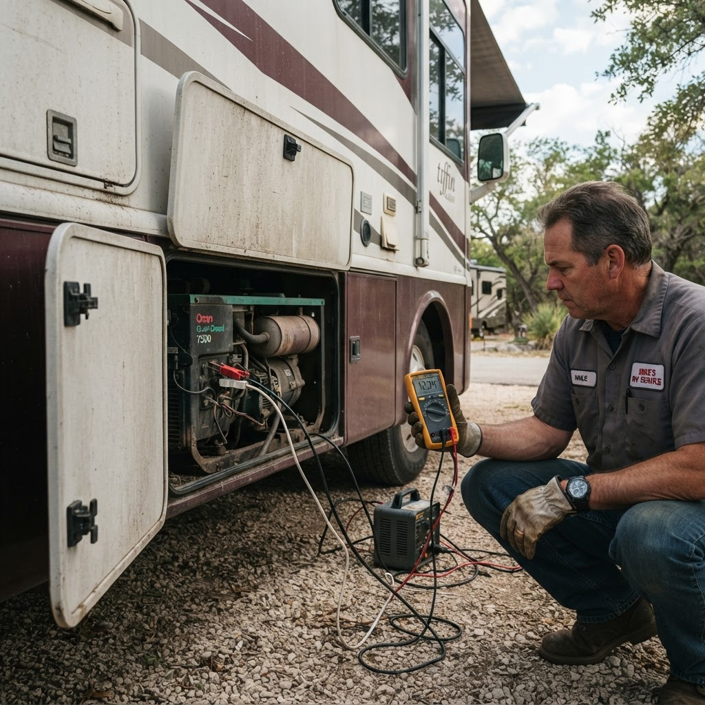 RV generator running under load test at a Central Texas campsite after completing a mobile generator service visit — volt meter connected confirming stable AC output — Boss Bull Mobile RV Services