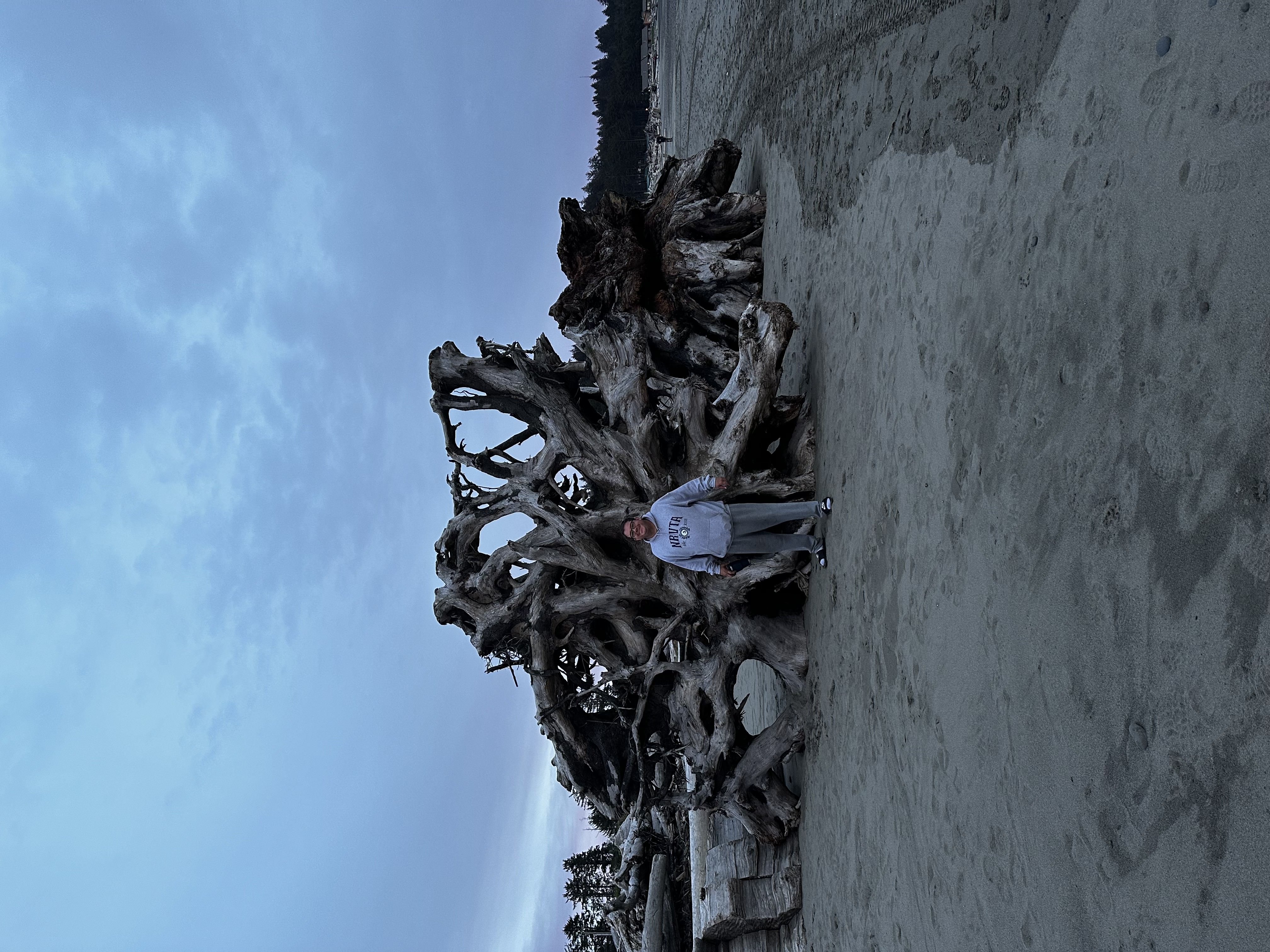 RV owner standing in front of a massive driftwood root ball on a Pacific coast beach wearing an NRVTA hoodie
