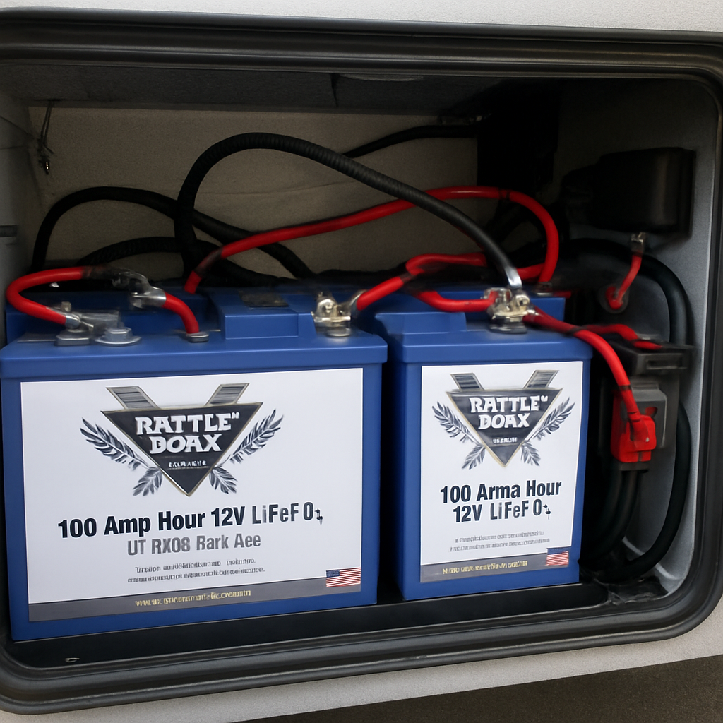 Battle Born LiFePO4 lithium batteries installed in an RV battery compartment tray with cable connections, terminal hardware, and fusing visible — Boss Bull Mobile RV Services