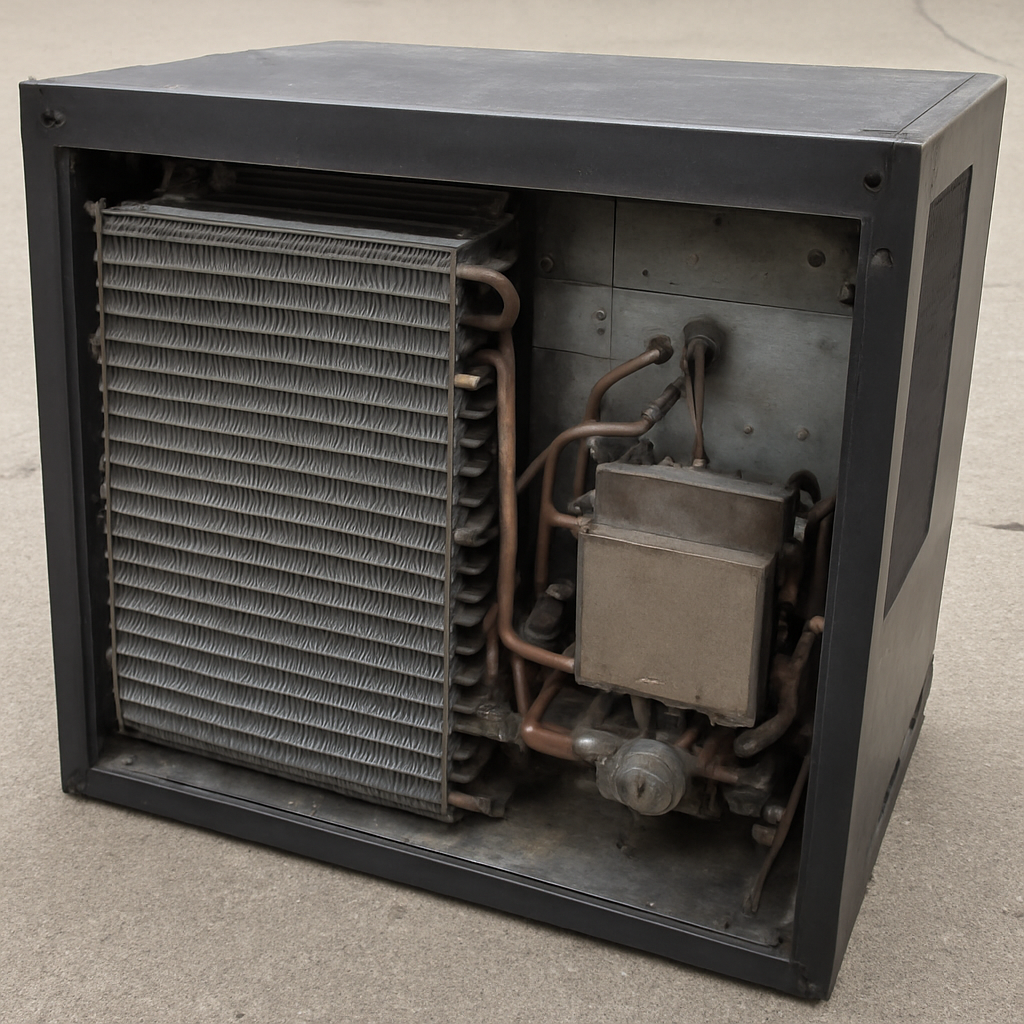 Dometic RV absorption refrigerator exterior vent panel removed showing cooling unit fins and burner assembly during a no-cooling service call — Boss Bull Mobile RV Services