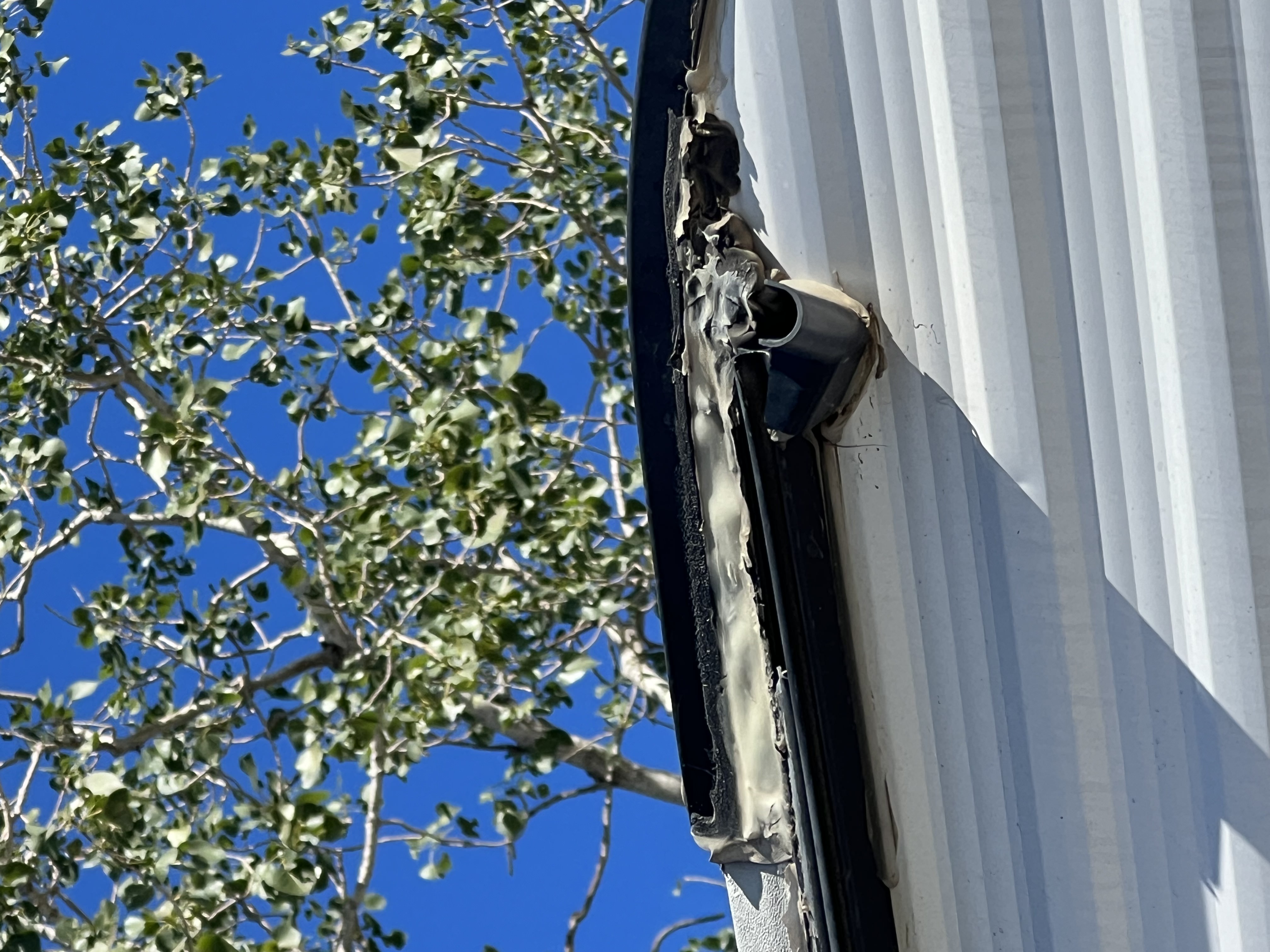 Close-up of a failed and separated lap sealant bead along an RV roof seam — dried and cracked sealant pulling away from the membrane surface, open gap visible along the seam line — pre-coating condition — Boss Bull Mobile RV Services