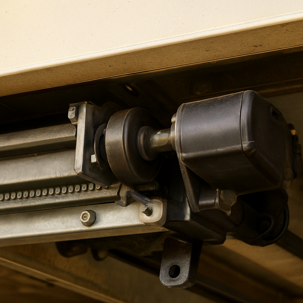 RV slide-out mechanism track and motor assembly — slide-out service in Pflugerville, TX by Boss Bull Mobile RV Services