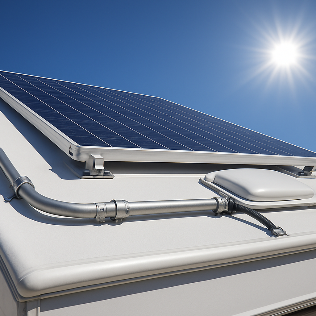 Flat-mounted rigid monocrystalline solar panels installed on the roof of a white RV travel trailer, photographed from ground level showing panel frame rails and conduit — Boss Bull Mobile RV Services