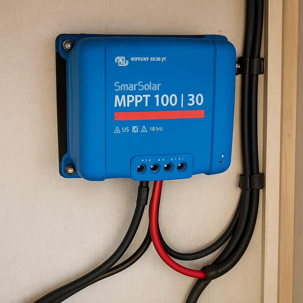Victron SmartSolar MPPT charge controller mounted on an RV interior wall panel with solar input cables and battery output cables attached — Boss Bull Mobile RV Services