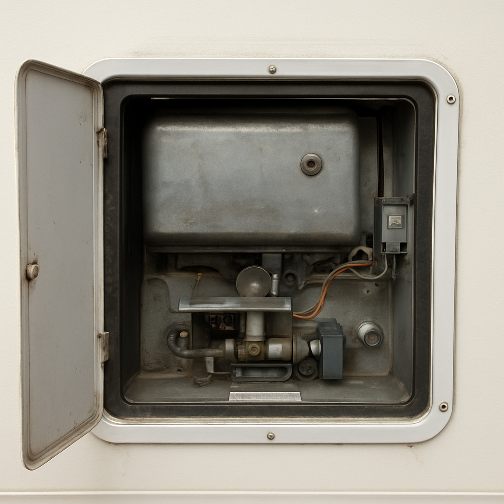 RV water heater access door opened for a Cedar Park pre-trip service call — DSI igniter and thermocouple inspection before a family spring break trip
