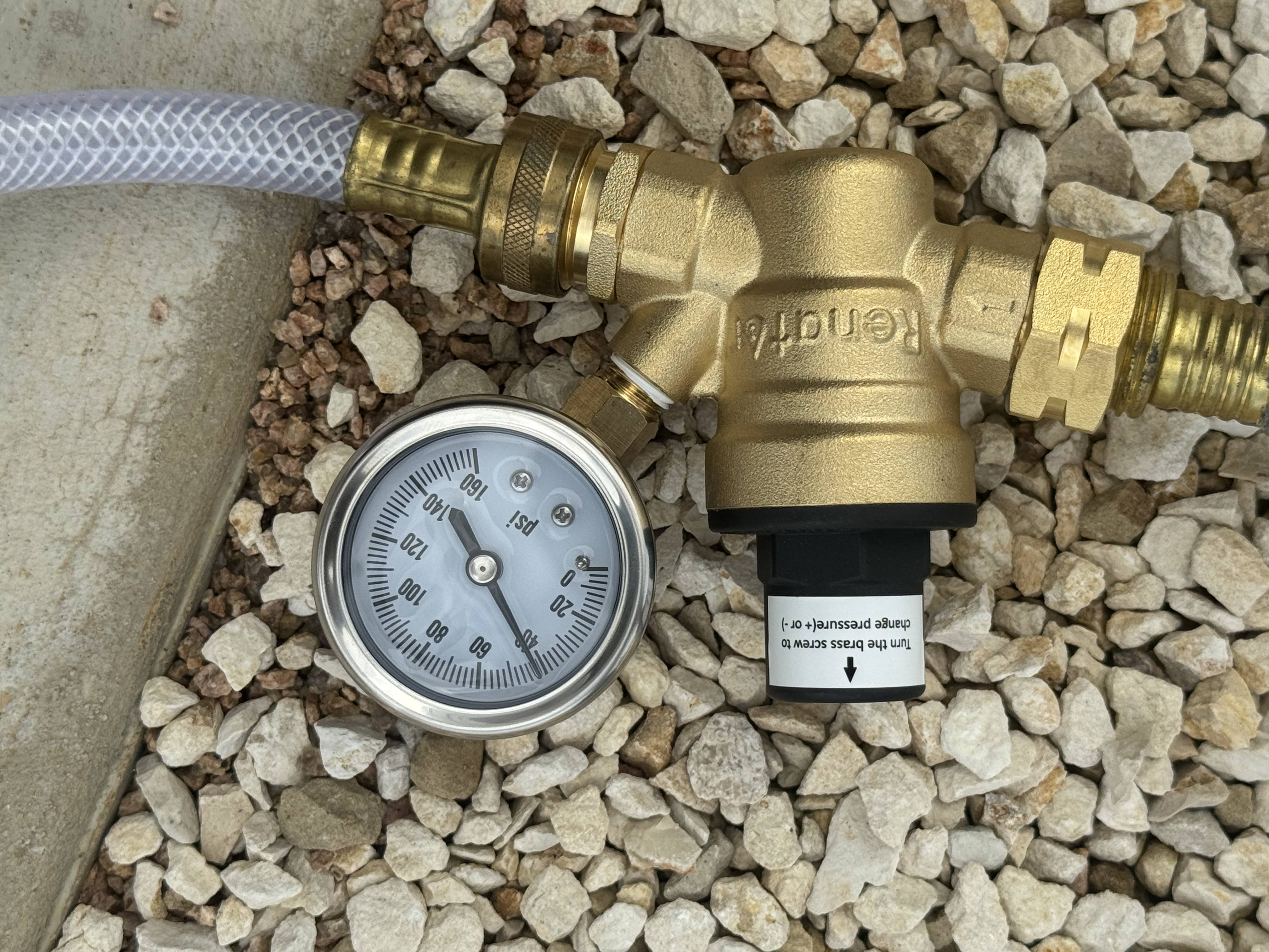 RV water pressure regulator installation and testing — plumbing service for Kyle RV owners before a Canyon Lake or Wimberley campground stay